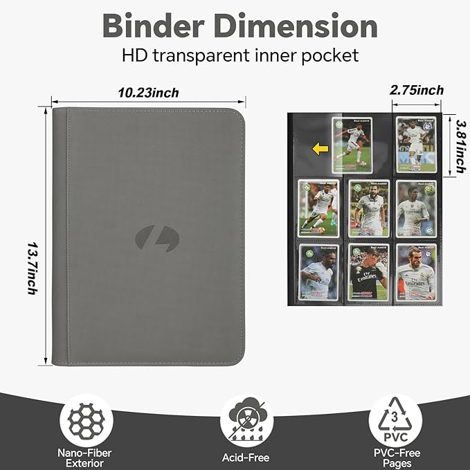 Trading Card Binder, Premium 9-Pocket Double Sided 540 Pocket PU Card Collection Binder, Collectible Trading Card Albums for MTG, TCG, Sports Cards (Grey)