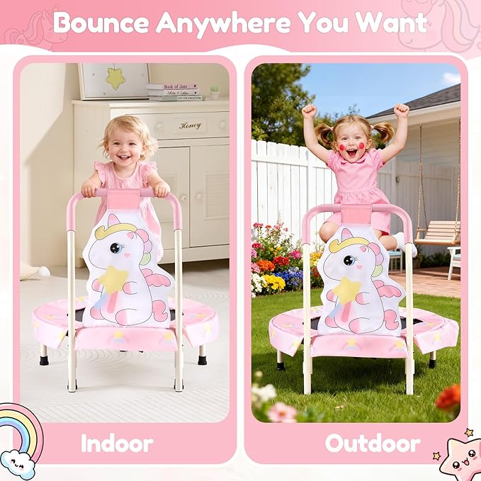 FUNLIO 27" Unicorn Mini Trampoline for Toddlers, Small Trampoline with Safety Handle, Rainbow Fairy Unicorn Jumping Toy for Younger Kids, Foldable & Portable for Indoor/Outdoor Fun, CPC&CE Certified