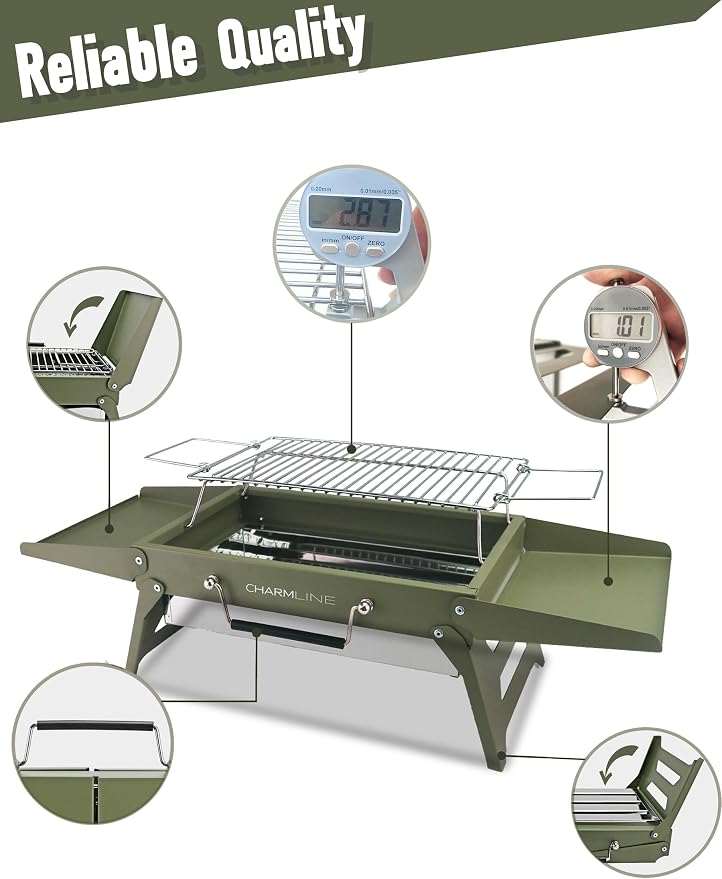 Charmline 14 x 9 inches Small Portable Charcoal BBQ Grill, Foldable Compact Camping Barbecue for 1–3 People, Ideal for Garden, Beach, Picnic & Tabletop Use, Green