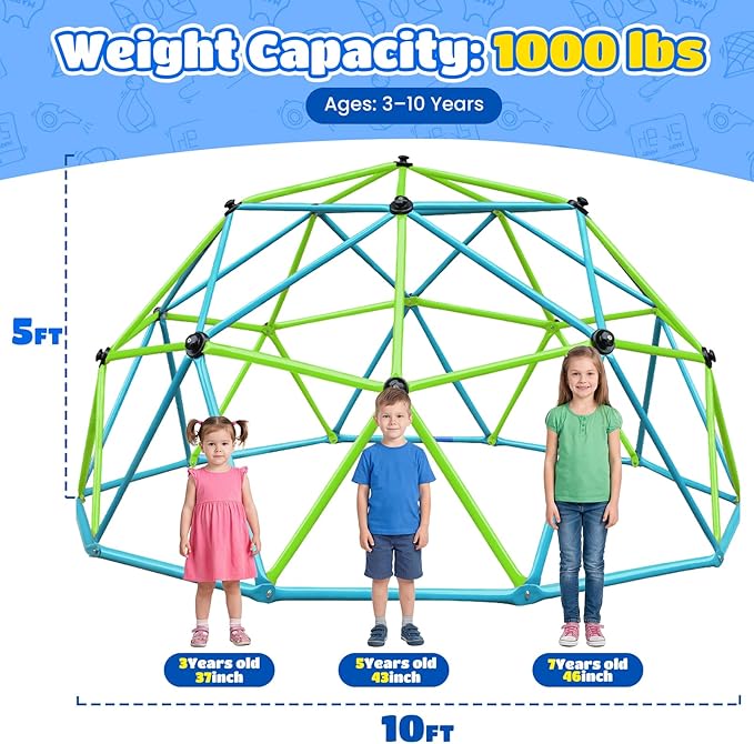 Zupapa 10FT Climbing Dome, Outdoor Jungle Gym for Kids with Climbing Grip - Geometric Dome Climber Supports 1000LBS Outdoor Playset and Easy Assembly Outdoor Play Equipment for Kids (Turquoise, 10FT)