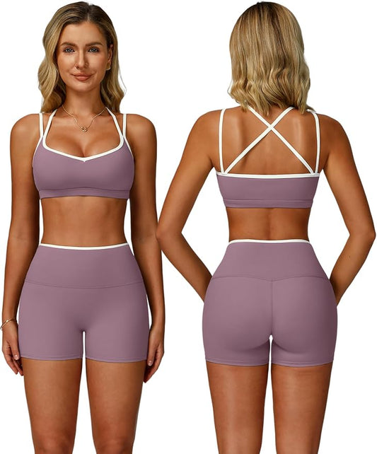 ABOCIW Workout Sets for Women 2 Piece Color Block Strappy Sports Bra High Waist Shorts Gym Yoga Pilates Outfits