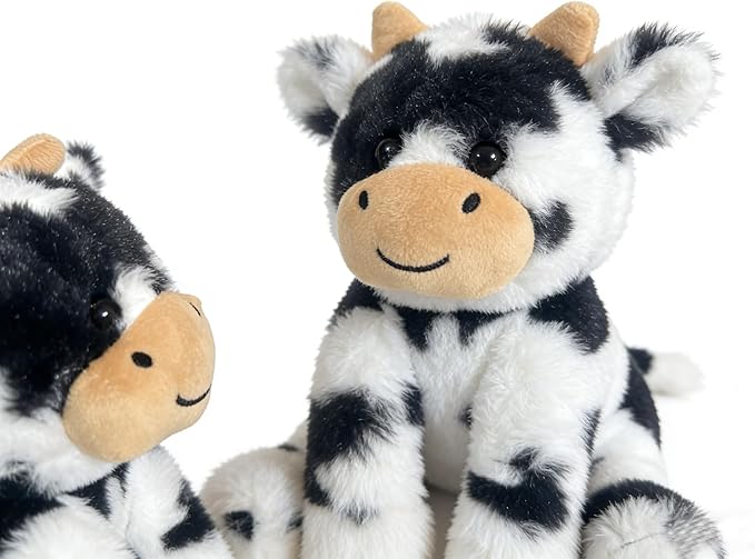 Cute Cow Plush Stuffed Animal Doll Toy 8 inch for Girls Boys One Peices （Each one has a Different Pattern） (sit Cow bd Black)