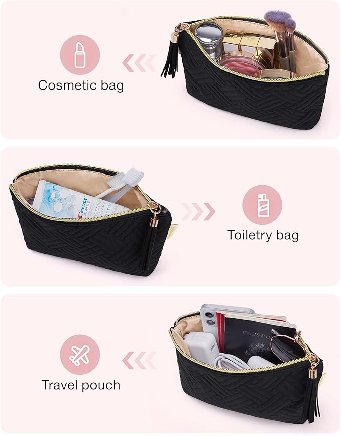 BAGSMART Small Makeup Bag, Elegant Cosmetic Pouch with Tassel, Soft Water-Resistant Travel Organizer for Women, Cosmetics & Everyday Essentials, Black