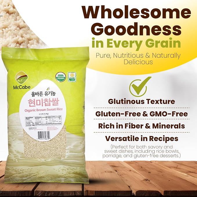 McCabe Organic Brown Sweet Rice - Rich in Fibers and Minerals | USDA and CCOF Certified | Sticky Brown Rice | Product of USA | 12 Lbs