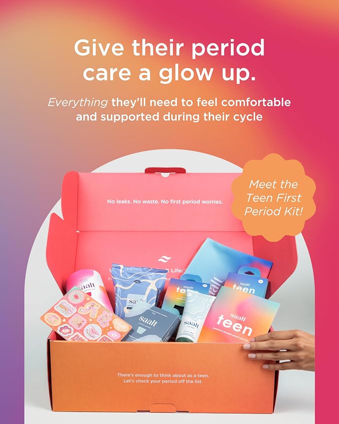 Saalt Teen First Period Kit - Includes Leakproof Period Underwear, Menstrual Cup, Menstrual Cup Wash, Compact Sanitizer, Feminine Wipes, Storage Bag, Saalt Stickers & Period Care 101 Booklet - Medium