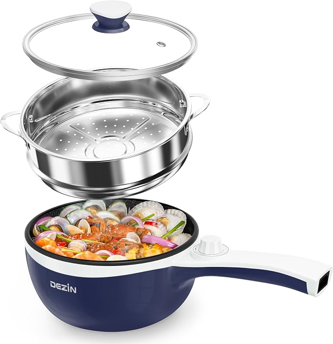 Dezin Electric Pot with Steamer, 1.5L Non-Stick Portable Hot Pot Electric | Dual Power, Upgraded 700W Electric Pot for Cooking Steak, Egg, Ramen Cooker for Dorm, Travel, Office, Easy to Clean, Navy Pan