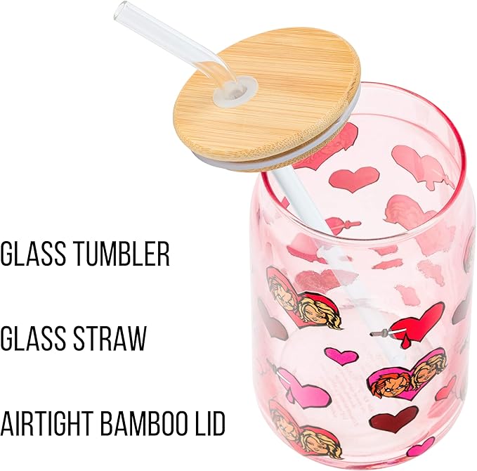 Silver Buffalo Chucky Featuring Tiffany Horror Scary Dolls Bloody Hearts Glass Jar Tumbler with Bamboo Lid and Glass Straw, 16 Ounces