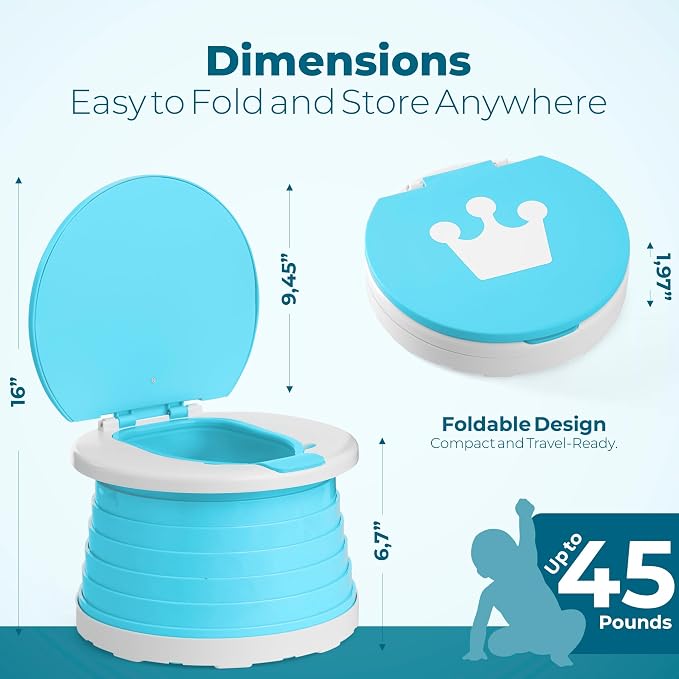 Portable Toddler Travel Potty with Silicone Insert – Foldable Potty Chair for Car & Road Trips, Spill-Resistant Training Toilet, Compact Emergency Potty, Includes Disposable Bags - Blue