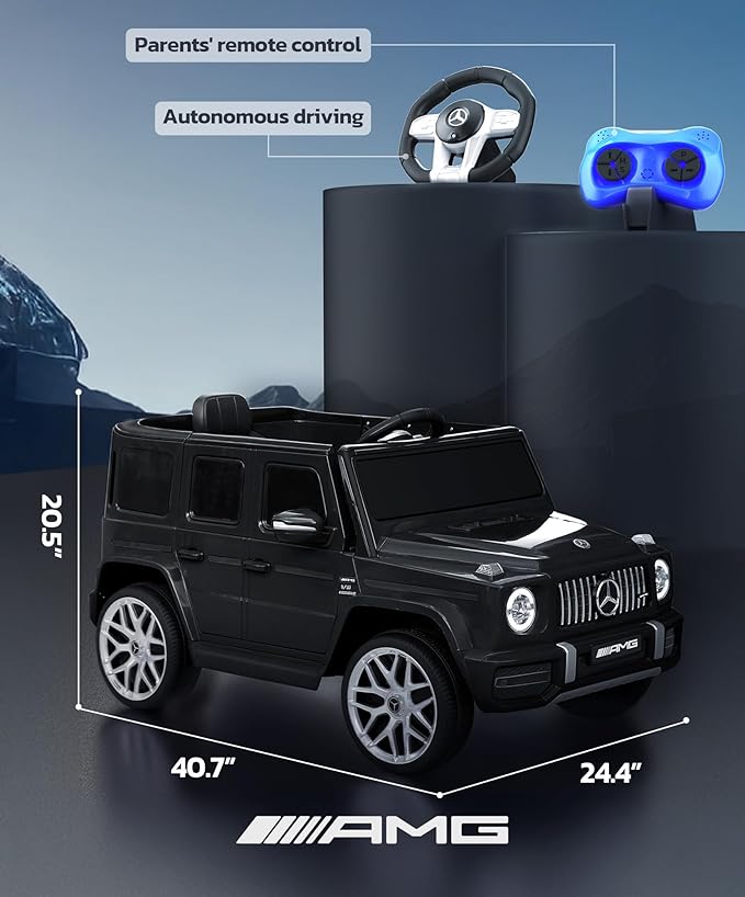 ELEMARA Licensed Mercedes-Benz AMG G63 Ride on Toys,12V Ride on Car with Remote Control,Rechargeable Battery,Flickering Lights/LED Lights, Bluetooth,Music & Horn, Soft Start, Low Battery Prompt,Black