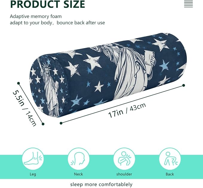 July 4th Statue of Liberty Stars Blue Neck Roll Pillow Bolster Round Health Memory Foam Long Cervical Cylinder Pillows with Removable Washable Cover for Body Bed Legs Back Yoga