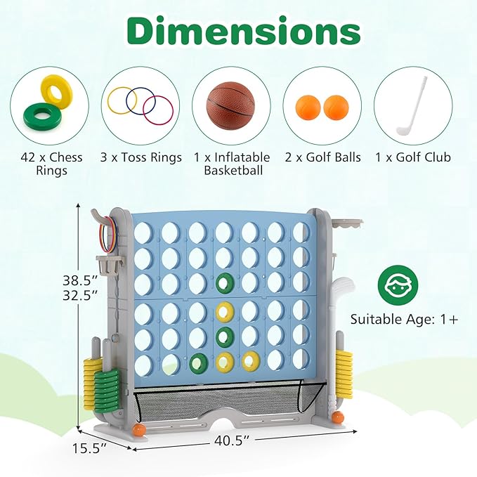 Costzon Giant 4-in-A-Row Connect Game, Height Adjustable 4-in-1 Jumbo 4-to-Score Yard Game with Golf, Ring Toss, Basketball, Cup Holder & Mesh Net, Indoor Outdoor Game for Kids Adults Family Party