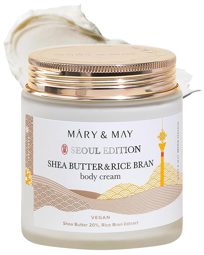 Mary&May 20% Shea Butter & Rice Bran Body Cream, 8.45 oz | Korean fragrance-free vegan body cream with 20% shea butter, rice bran & ceramide NP for dry, rough skin — non-greasy velvet