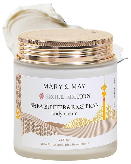 Mary&May 20% Shea Butter & Rice Bran Body Cream, 8.45 oz | Korean fragrance-free vegan body cream with 20% shea butter, rice bran & ceramide NP for dry, rough skin — non-greasy velvet