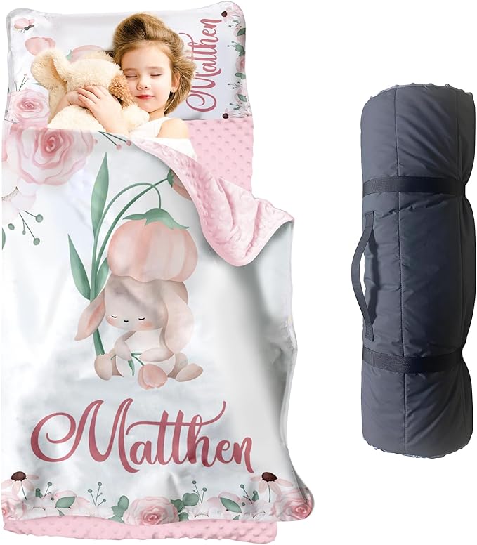 Personalized Toddler Nap Mat for Girls – Custom Name Kids Nap Mat – Daycare Sleeping Mats with Removable Pillow and Soft Minky Dot Blanket for Preschool, Travel, Kindergarten