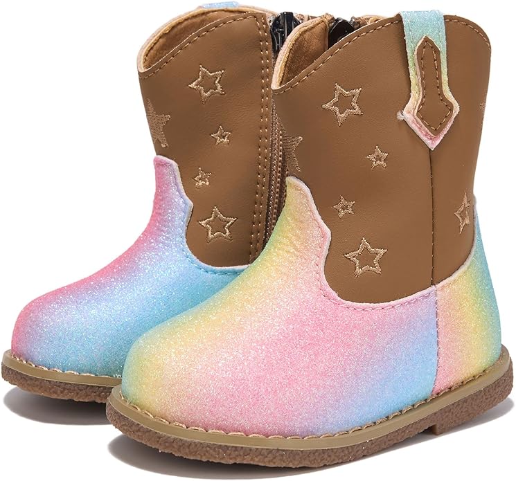 Newsonet Baby Cowboy Cowgirl Boots Infant Western Boots Toddler Boys Girls Round Toe Riding Mid Calf Boots All Seasons for 6 9 12 18 24 Months