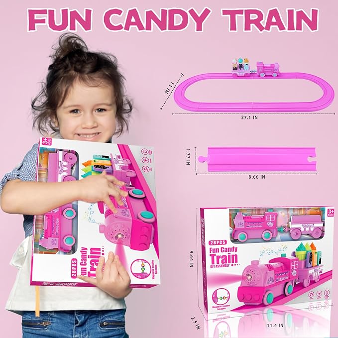 Pink Classic Train Sets for Toddlers|Musical Electric Train Toys with DIY Ice Cream Truck 3D Foam Puzzles Party Scene Building Kit for Girls Boys 3-5 Years Old Parent-Child Interaction Birthday Gift-A