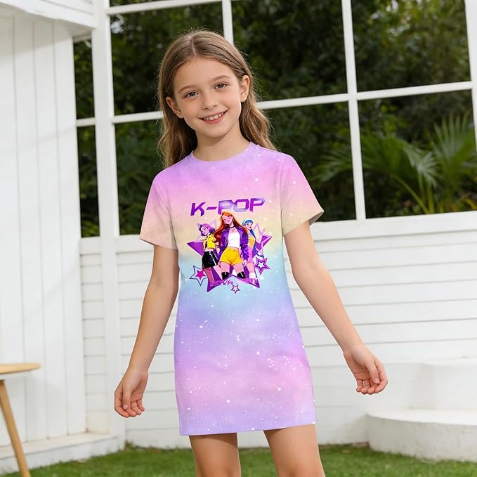 Girl's Anime K-POP Graphic Long Dress T-Shirt - Casual Loose Fit Short Sleeve Top