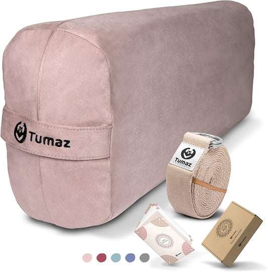 Tumaz Yoga Bolster Set - Rectangular Bolster Pillow for Restorative Yoga, Soft Meditation Pillow with Carry Handle and 8-Feet Strap, Machine Washable Cover