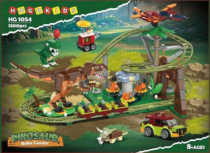 HOGOKIDS Dinosaur Roller Coaster Building Set - 1222PCS Rollercoaster Building Toy with 4 Dinosaur, Off-Road Vehicle, Food Cart, Dinosaur Models Playset Gift for Adults Kids Girls Boys Ages 8-12 Year