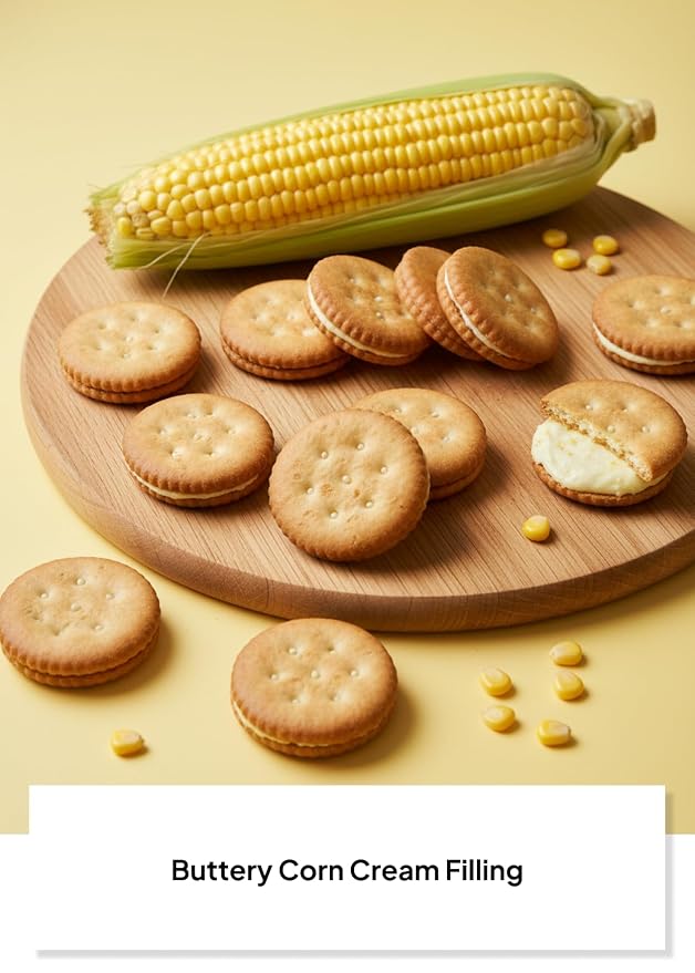 Korean Food CW Corn Sandwich Biscuits Sweet Corn Cream 12 Packs 12.7oz | Crispy sandwich biscuits with sweet corn cream filling. Family pack includes 12 individual snack packs, 12.7 oz total.