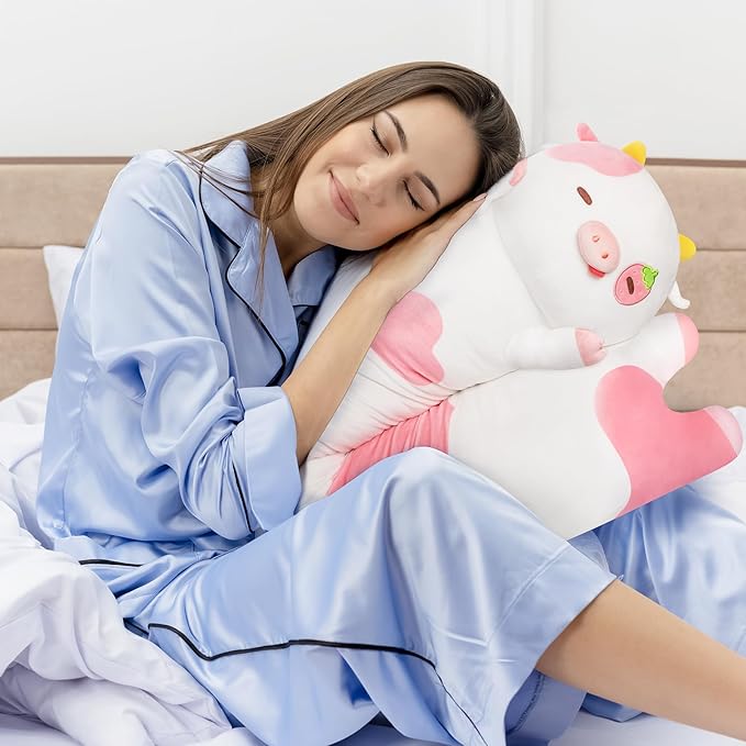 Long Cow Plush 5 Sizes, 120% Extra Filling Giant Plushness Kids Body Pillow, Kawaii Cute Strawberry Cow Stuffed Animals Plushies, Big Long Body Pillow Cat Plush Gift for Girls 53”
