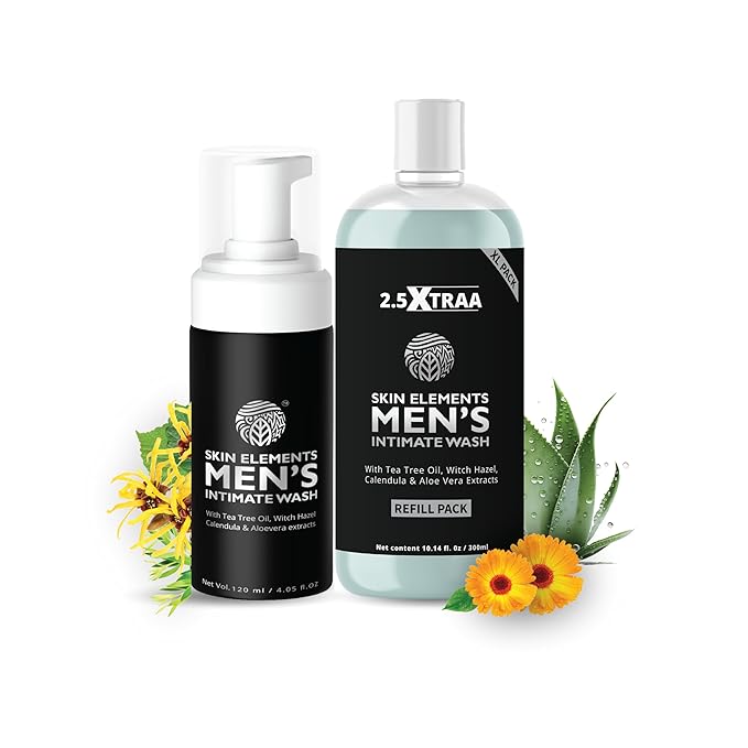 Skin Elements Men's Intimate Wash JUMBO Pack | with Refill | For 180 Days | 14.2 fl. oz | pH Balanced Hygiene Foaming Wash | Controls Bad Odor | Tea Tree Oil | Super Saver Pack |