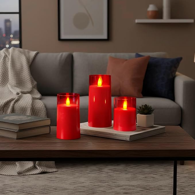 Raycare Independence Day Flameless Electronic Pillar Candles with Remote Timer- Battery Operated Realistic Flickering LED Fake Candle for 4th of July Patriotic Home Decor, Red,Set of 3(3"x4"5" 6")