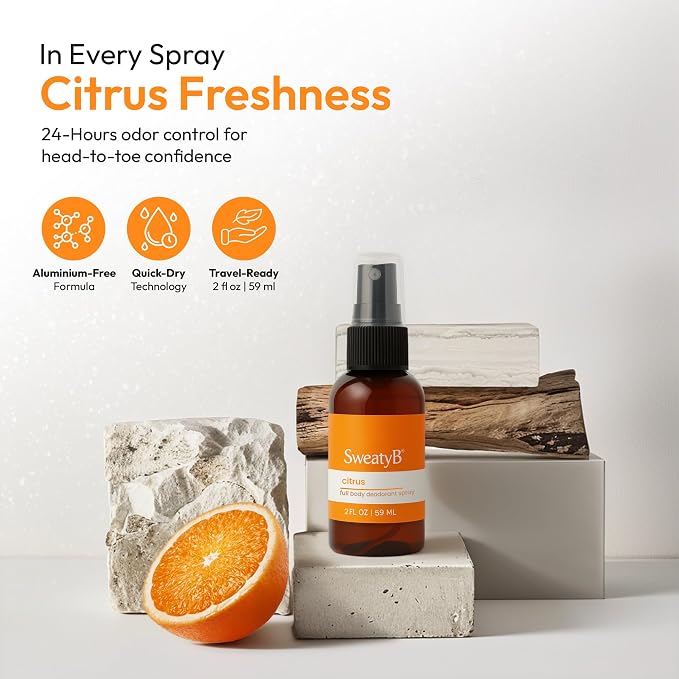 SweatyB® deodorant spray - Odor Protection with whole body deodorant for women & men - Travel Size, Skin-Safe, Vegan & Made in USA - Citrus body spray - 2 Oz - Pack of 2