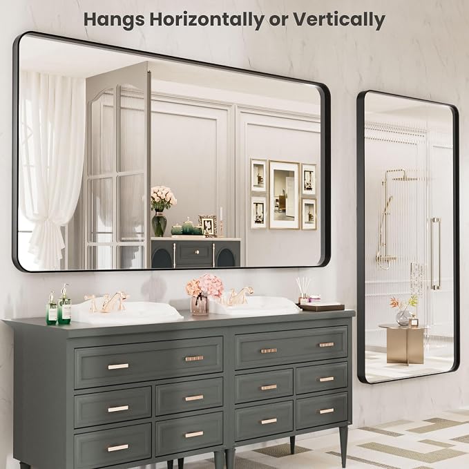 LOAAO 77X36 Inch Black Metal Framed Bathroom Mirror | Matte Black Bathroom Vanity Mirror, Rounded Rectangle, Anti-Rust, Tempered Glass, Hangs Horizontally or Vertically