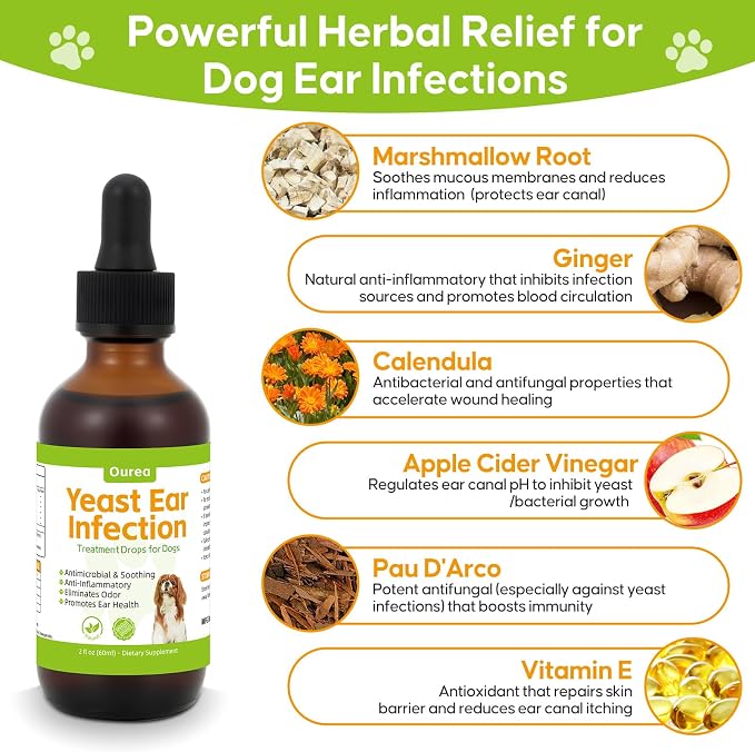 Dog Yeast Ear Infection Treatment Drops, Relieves Ear Redness Discomfort Itching and Allergy, Reduces Inflammation Irritation, Herbal Drops for Itchy Skin Ear Odor Relief for Dog Yeast Ear Infection