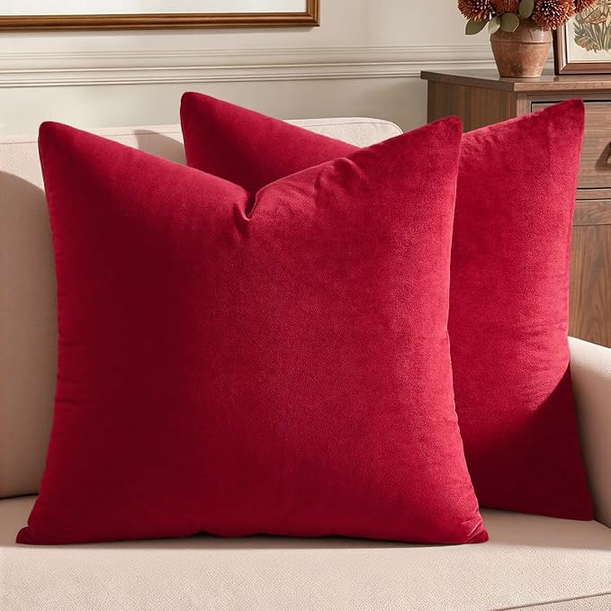 MIULEE Velvet Throw Pillow Covers 20x20 Inch Pack of 2 Red | Soft Solid Decorative Pillow Covers, Modern Luxury Home Decor, for Couch Chair Sofa Bedroom Livingroom