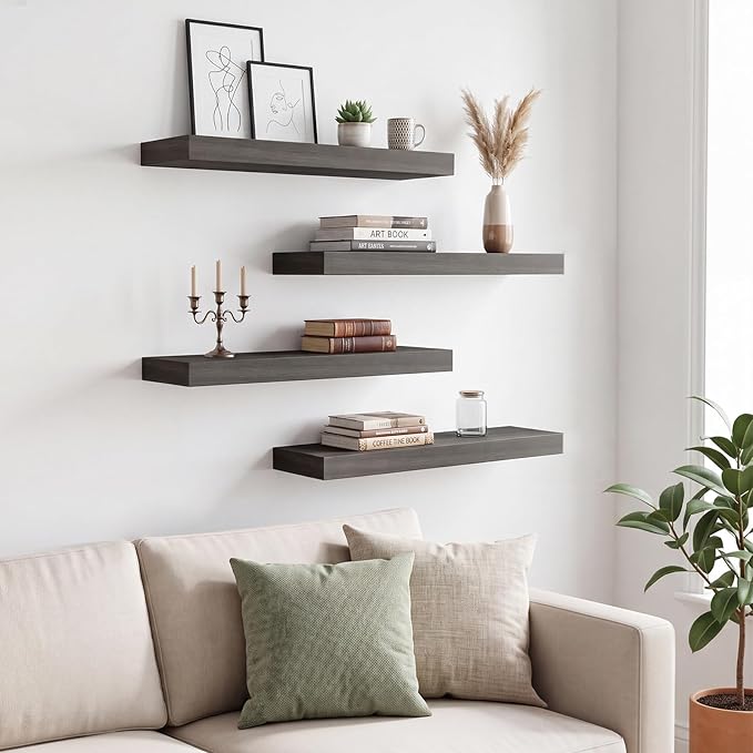 Fixwal 15.7in Floating Shelves, Rustic Wood Finish Wall Shelves Set of 4, Shelves for Wall Decor, with Invisible Brackets for Bathroom, Living Room,Bedroom and Kitchen(Gray)