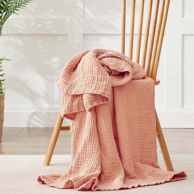 100% Cotton Muslin Blanket Twin 60" x 80", Breathable and Lightweight Cotton Twin Blankets for Couch, Soft Cooling Summer Gauze Blanket for Adults All Season, Dusty Pink