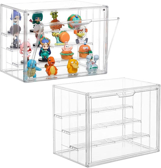 Attelite Acrylic Display Case,Upgrade 4 Tiers Clear Display Case with 3 Adjustable Divider, 2 Pack Stackable Large Storage Box with Magnetic Door for Collectibles Action Figures
