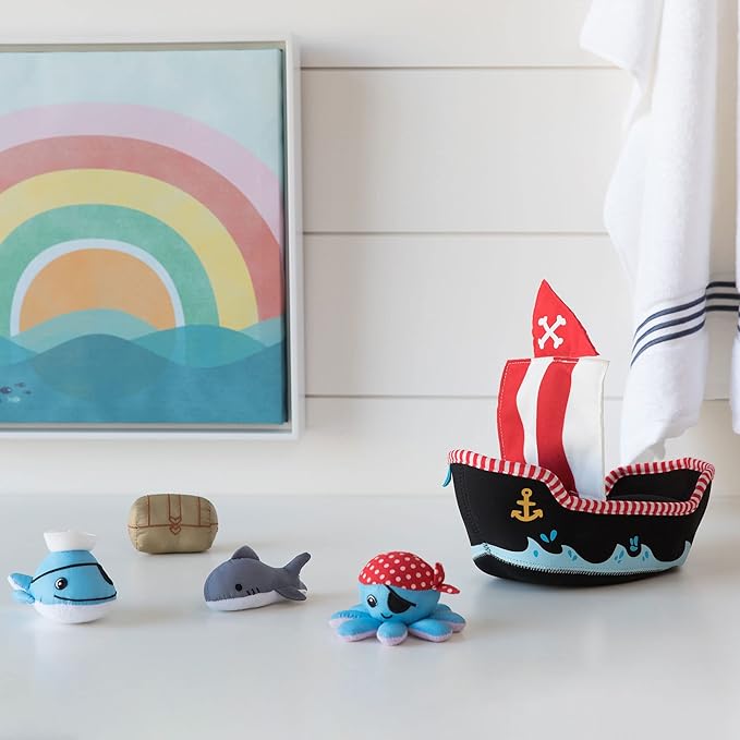 Manhattan Toy Neoprene Pirate Ship 5 Piece Floating Spill n Fill Bath Toy with Quick Dry Sponges and Squirt Toy