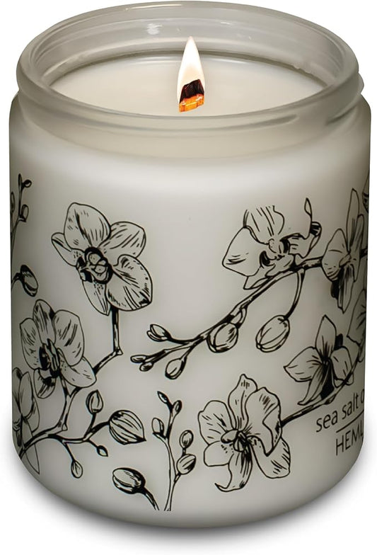 Hemlock Park Sea Salt Orchid Frosted Scented Candle | Crackling Wood Wick, Botanical Fragrance & Coconut Apricot Wax | Up to 60 Hour Burn Time | 8 oz | Made in USA