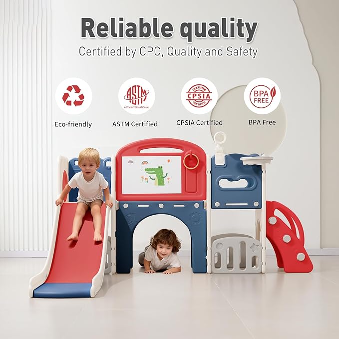 Outdoor Toddler Playset with Slide Set,Indoor Playground for Toddlers 1-3, Climber Play Set with Telescope Basketball Hoop,Tunnel Playhouse and Jungle Gym