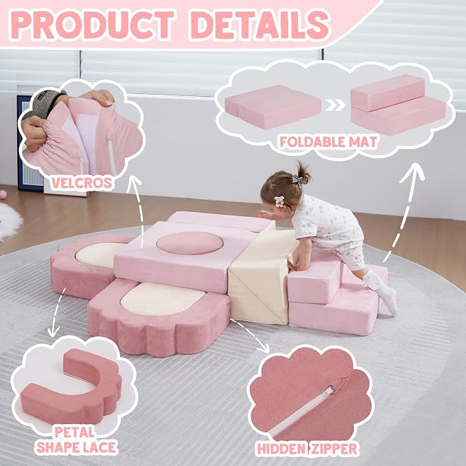 13 Pieces Foam Climbing Blocks for Toddlers|Floral Soft Play Gym,Kids Indoor Crawing Climbers & Play Structures for Bedroom,Livingroom & Playroom,Pink & Beige