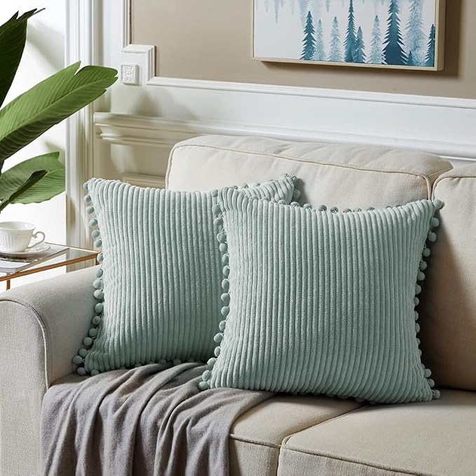 Fancy Homi 24x24 Pillow Covers, Pack of 2 Grey Blue Throw Pillow Covers with Pom-poms, Super Soft Corduroy Square Solid Cushion Cover for Couch Sofa Bedroom Living Room 60x60 cm