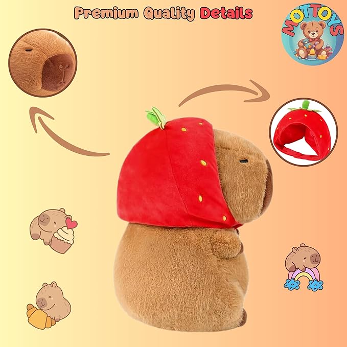 Capybara Cute Plush - 8 inch Stuffed Animal Plushies - Children's Toy with Turtle Backpack - Soft Pillow for Home Decorations - Hugging Figures for Boys and Girls (Capybara with Strawberry)