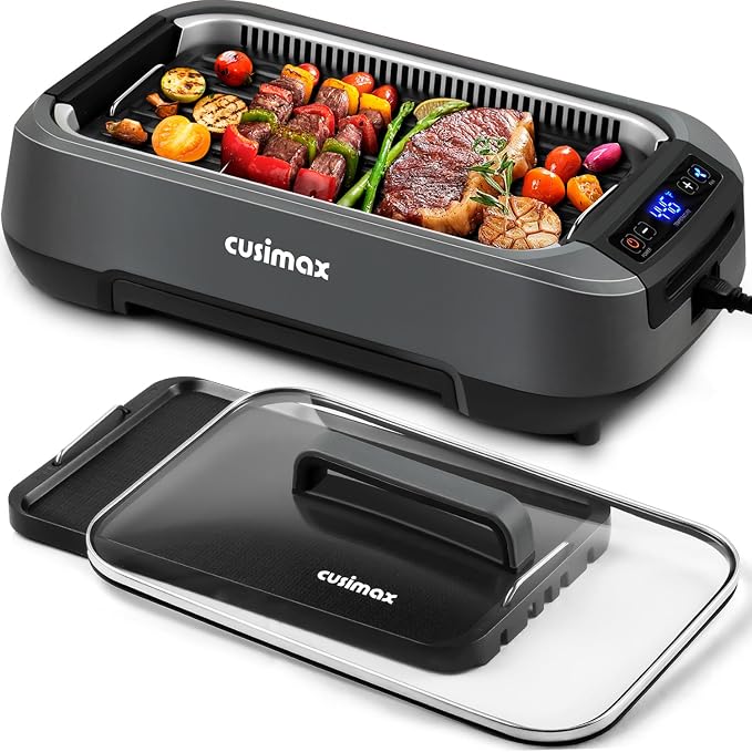 CUSIMAX Smokeless Grill, Electric Indoor Grill 1500W Korean BBQ Grill, Grey | with Non-stick Removable Grill/Griddle Plates, Smart LED Display & Adjustable Temperature/Tempered Glass Lid/Easy Cleanup