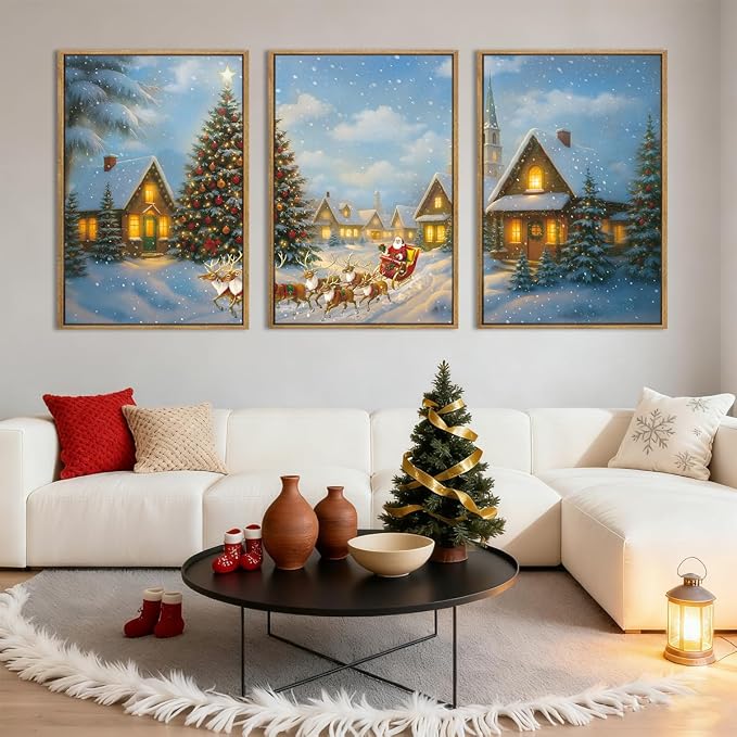 BINCUE Christmas Wall Art Framed Santa Claus Wall Art Decor Santa Winter Wall Painting for Living Room Bedroom Dining Room 16x24 Inches Set of 3