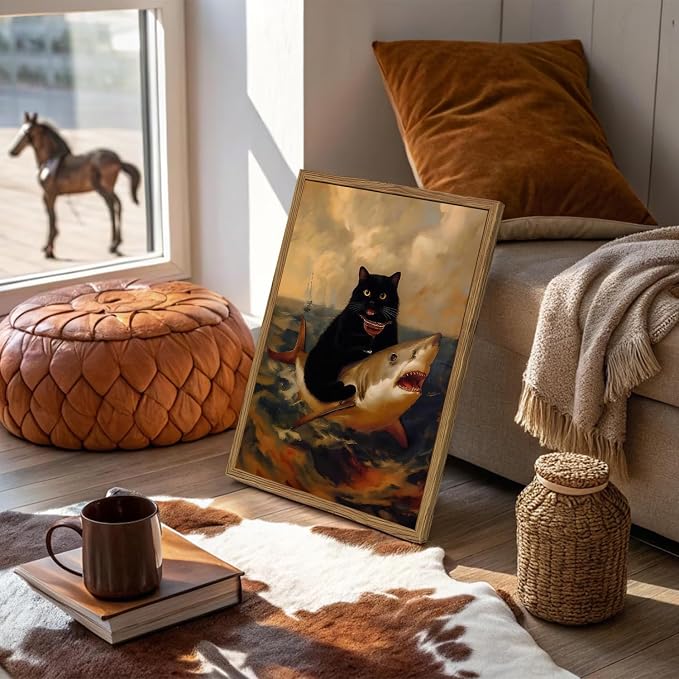 Funny Black Cat Riding Shark Wall Art Whimsical Bar Cart Wall Decor Picture Eclectic Shark Ocean Poster Canvas Painting Prints for Bedroom Living Room 12x16 inch Framed