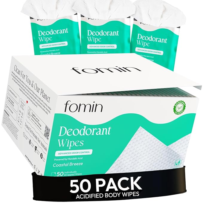 FOMIN Acidified Travel Deodorant Wipes For Women & Men - 50 Count - Coastal Breeze - pH Balanced, Mini Deodorant Travel Size Wipes - Plastic-Free, Individually Wrapped Underarm Body Wipe