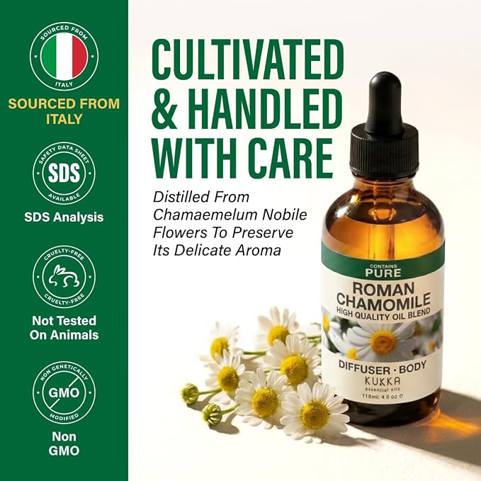 100% Pure Roman Chamomile Oil - 4 Fl Oz Roman Chamomile Essential Oil for Hair, Skin, Diffuser, Aromatherapy & DIY Soap Making Scent