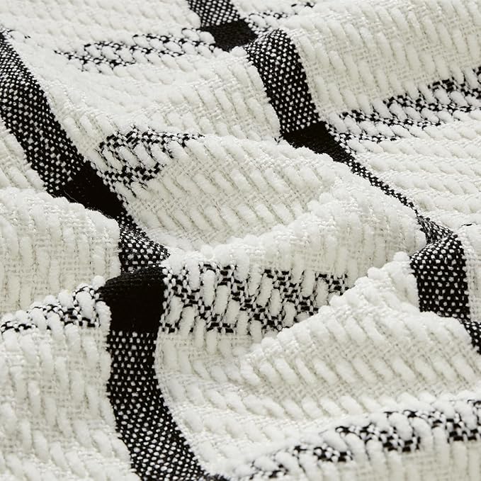 CREVENT 60"X80" Farmhouse Breathable Soft and Warm Chenille Plaid Throw Blanket for Sofa Couch Bed, Home Decoration Throw with Tassles (Black & White)