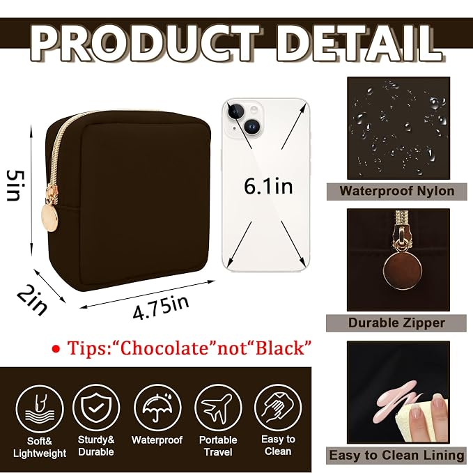 UIXIZQ Mini Makeup Pouch for Purse, Small Cosmetic Bag Pouch Nylon Travel Toiletry Organizers Bag for Women Girls, Cute Zipper Coin Purse Preppy Storage Purse for School Work(Mini-Chocolate)