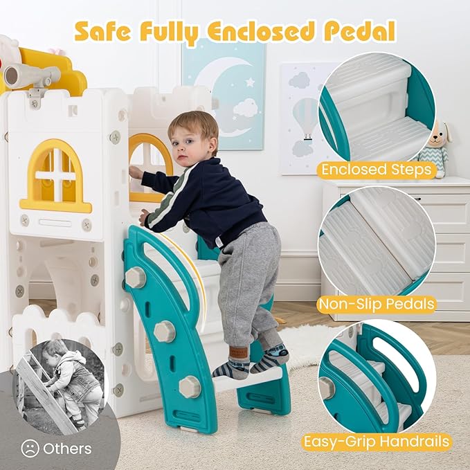 Costzon 8 in 1 Toddle Slide Playset, Freestanding Kids Slide w/Tunnel, Basketball Hoop, Toddler Climber Slide Playset Indoor Playground for Kids 1-3 w/Storage Space, Gifts for Boys Girls (Yellow)