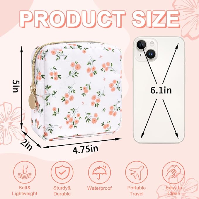 UIXIZQ Waterproof Mini Floral Makeup Bag Pouch for Purse,Nylon Flower Cosmetic Travel Bag Small Preppy Toiletry Organizers Bag for Women Girl,Cute Zipper Pouch Coin Purse for Work(Mini White-Flowers)