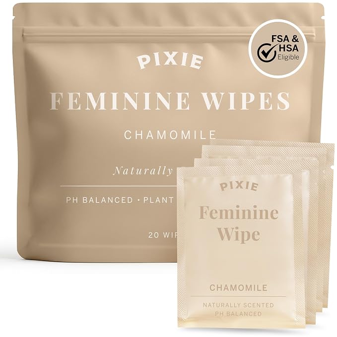 Pixie Menstrual Cup Wipes - Chamomile Scented, Flushable, Biodegradable & pH Balanced - Best Individually Wrapped Wipes for On-The-Go & Public Bathrooms - Wash & Cleaner for Cups & Discs (20 Count)